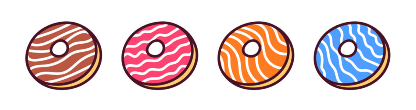 Colorful cute doodle cartoon donuts. Food, groccery shop, cafe or restaurant stickers in kid hand drawn style (Full Vector)