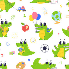 School seamless pattern with school objects and cute crocodile character. Vector elementary school illustration background.