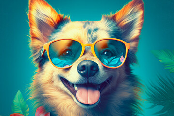 Illustration of happy dog wearing sunglasses. Funny humorous banner, summer holidays