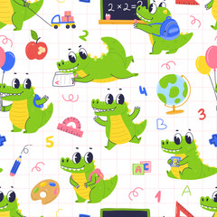 A seamless school pattern with school supplies and a cute crocodile character. Vector elementary school illustration background.