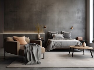 Modern minimalist bedroom interior design with grey furniture. Aesthetic simple interior design concept. Generative Ai.