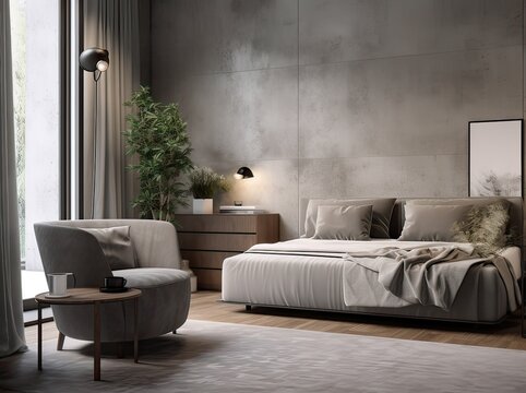 Modern minimalist bedroom interior design with grey furniture. Aesthetic simple interior design concept. Generative Ai.
