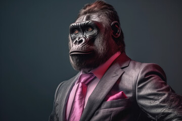 Fototapeta premium In a unique and intriguing concept, a gorilla is depicted wearing a stylish suit, merging the worlds of nature and business. The gorilla, known for its strength and power. Generative Ai, Ai.