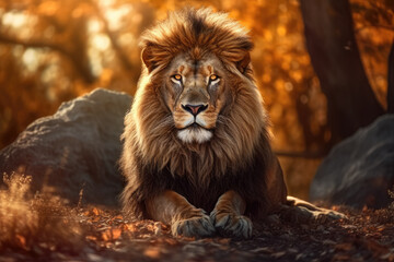 Obraz na płótnie Canvas In the vast savannah, a majestic lion reigns over its natural domain. With a powerful presence and a regal mane that commands attention. Generative Ai, Ai.