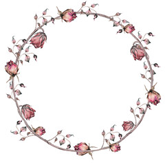 Watercolor Frame with Dry Roses and Leaves, Vintage Floral Frame, Hand-painted Floral Art on Isolated Background, Romantic, Nostalgic Wreath