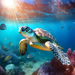 Naklejka na ściany i meble Sea turtle or marine turtle swimming in ocean. AI generated