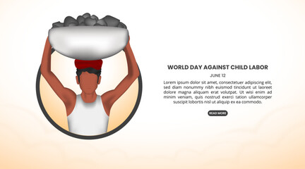 World day against child labor background with a child holding up rocks in a rounded frame