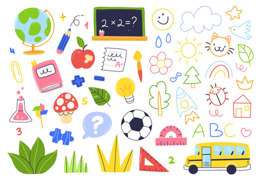 A set of school elements. Collection of vector flat school objects. Globe, school bus, blackboard, flask, ruler, soccer ball.