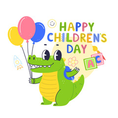 Fototapeta premium Happy children's day concept poster design with cute crocodile character. Happy baby crocodile with balloons in cartoon flat style. Vector illustration.
