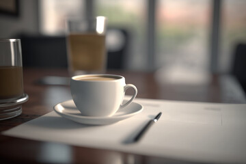 A cup of coffee and a pen with paper on a table in a cafe. AI generative.