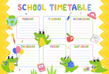 The design of the children's school schedule template. Ready-made class schedule design with a cartoon character crocodile.