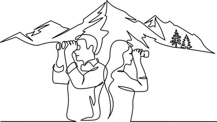 Man and woman looking into distance with binoculars over mountains