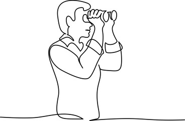 Man looking into distance with binoculars. Continuous one line drawing