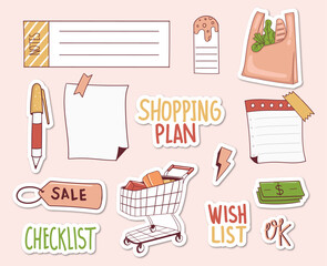 Colorful Hand drawn shopping stickers collection