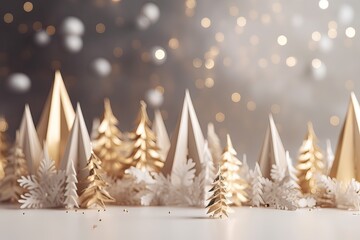 Christmas tree in idyllic white snowy landscape, greeting card banner concept with copy space for december holiday season, christmas background. Generative Ai.