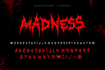 Madness - Dark Lettering tattoo vector type font in bloody style. Grunge type font with Gothic Punk Rock elements. Scary tattoo font concept. Horror style lettering for y2k print design
