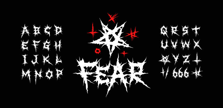 Fear - Dark Lettering tattoo vector type font. Concept of Grunge type font with Gothic Punk Rock elements. Occultism pictograms. Scary tattoo font concept. Rock style lettering for y2k print design