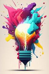 Ai generated illustration of creative light bulb explodes with colorful paint. Think differently creative idea concept