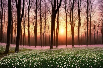 Flowering forest on sunset sunrise with soft focus, spring floral botanic nature background wallpaper. Wild forest flowers snowdrops