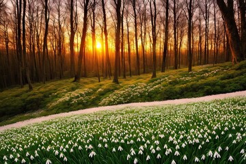 Fototapeta premium Flowering forest on sunset sunrise with soft focus, spring floral botanic nature background wallpaper. Wild forest flowers snowdrops