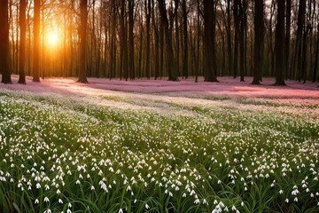 Flowering forest on sunset sunrise with soft focus, spring floral botanic nature background wallpaper. Wild forest flowers snowdrops