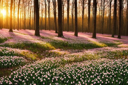 Flowering forest on sunset sunrise with soft focus, spring floral botanic nature background wallpaper. Wild forest flowers snowdrops