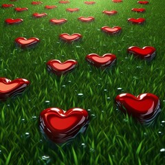 big red hearts dripping, falling into a green