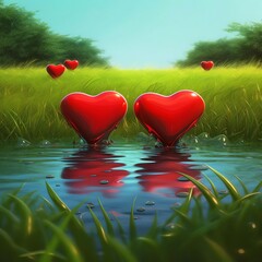 big red hearts dripping, falling into a green