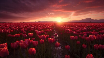 Sunset over the blooming tulip field. Generative AI
