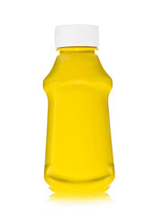 Bottle of classic yellow honey mustard sauce dip on white background.