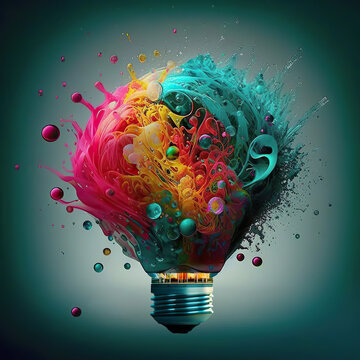Ai generated illustration light bulb with colorful brain on dark background, creative thinking concept