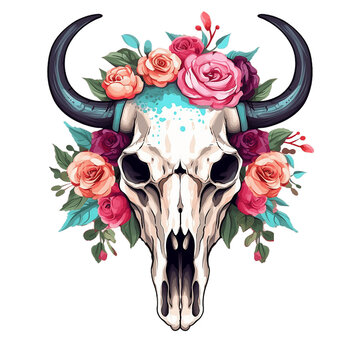 Cow scull Sublimation Design. Boho cow Scull PNG. Generative AI.
