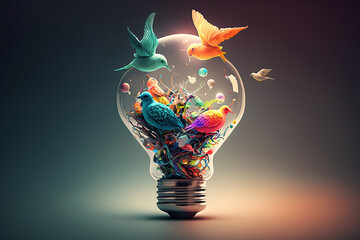 Ai generated illustration Brainstorm with  new creative ideas, light bulb and colorful birds