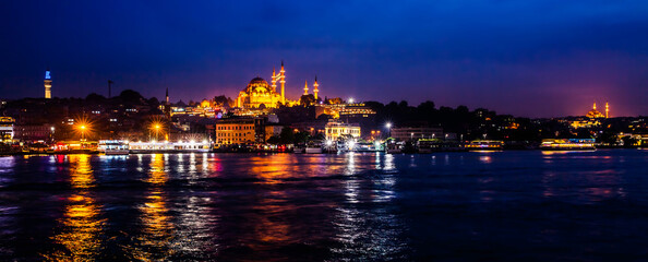 Fototapeta na wymiar Istanbul night view from Bosphorus strait, Turkey. Summer travel