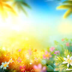 Fototapeta na wymiar Beautiful summer background with flower garden and sun ray. spring background generative AI