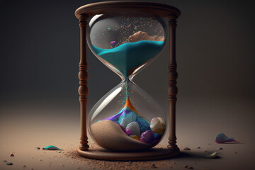 Fantasy magic hourglass with colorful sand. AI generative.