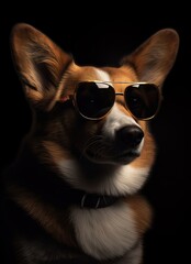 portrait of a welsh corgi pembroke dog with sunglasses on the background the head looking stylish and cool. Generative Ai.