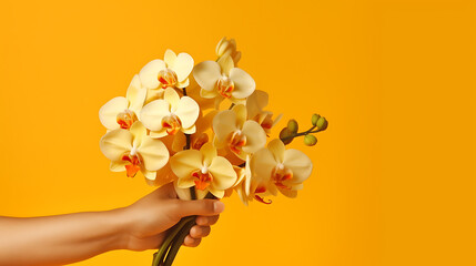 Hand-holding beautiful orchid flowers bouquet generative ai