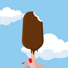 woman's hand are holding chocolate ice cream on a sky with clouds background