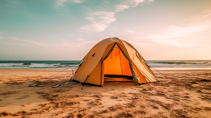 Tent on the sandy shore. Generative AI.