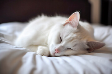 Obraz na płótnie Canvas White cat sleeping on the bed in the morning. Generative AI
