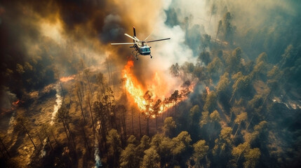 Naklejka premium A helicopter flies over a forest fire with flames in the background. Generated AI.