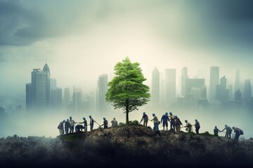 Environmental cooperation. Unity of businesspeople and community together plant trees for sustainable development goals. Future environmental conservation and sustainable ESG Generative AI