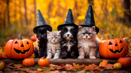 Naklejka premium Halloween kittens and puppies in witch hats sitting with pumpkins. Generative AI.