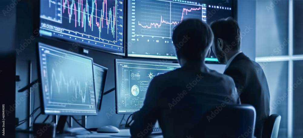 Poster team of traders analysing stock market data on a computer screen. generative ai