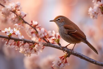 Nightingale hopping on pink cherry blossom tree. High quality photo Generative AI