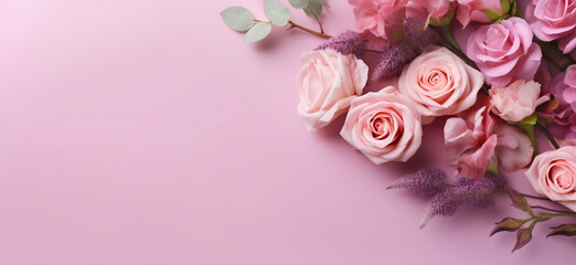Obraz na płótnie Canvas Spring Roses on Pink Background - Flat Lay Greeting Card Design, generative AI