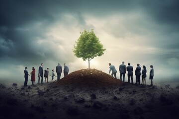Environmental cooperation. Unity of businesspeople and community together plant trees for sustainable development goals. Future environmental conservation and sustainable ESG Generative AI