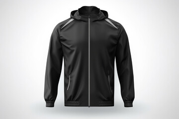 Black sport windproof jacket front view on white background mockup template, generative AI