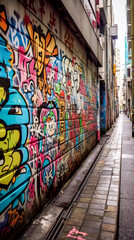 Obraz premium Japanese Graffiti on street wall, 80s style, Generative AI